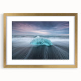 Framed glacier landscape wall art with a gold mat, showcasing serene icy blues and whites, perfect for modern home decor. Ideal for nature enthusiasts.