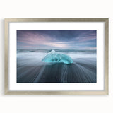 Silver-framed wall art showcasing a stunning glacier landscape design, featuring intricate details and a white mat. Perfect for enhancing modern home decor.