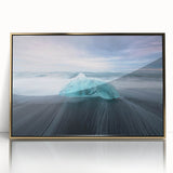 Framed wall art showcasing a stunning glacier landscape design with gold accents, ideal for modern decor. The acrylic front enhances visual depth and elegance.