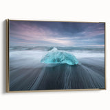 Framed wall art featuring a stunning glacier landscape design with gold accents, showcasing vibrant blues and whites, perfect for enhancing modern decor.