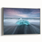 Framed canvas wall art showcasing a serene glacier landscape design in silver tones, displayed in a modern setting, perfect for home decor enhancement.