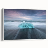 Framed canvas wall art showcasing a stunning glacier landscape design, featuring vibrant blues and whites, with a sleek white frame enhancing the modern decor aesthetic.