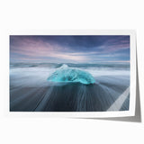 Stunning rolled print of a glacier landscape design featuring vibrant blues and whites, ideal for home decor. Packaged securely in a cardboard tube for safe delivery.