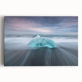 Stretched canvas wall art depicting a serene glacier landscape with vibrant blues and whites, ideal for enhancing modern home decor and creating a calming atmosphere.