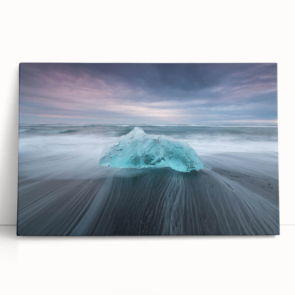Stretched canvas wall art showcasing a stunning glacier landscape design, featuring icy blues and whites, perfect for modern home decor. Ideal for nature lovers.