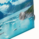 Close-up view of a stunning acrylic glass wall art piece showcasing a vibrant landscape design of a glacier, highlighting intricate details and colors. Perfect for modern home decor.