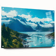 Acrylic glass wall art showcasing a stunning glacier landscape design, featuring vibrant blues and whites, displayed from a side view with mounting pins for easy installation. Perfect for enhancing modern home decor.