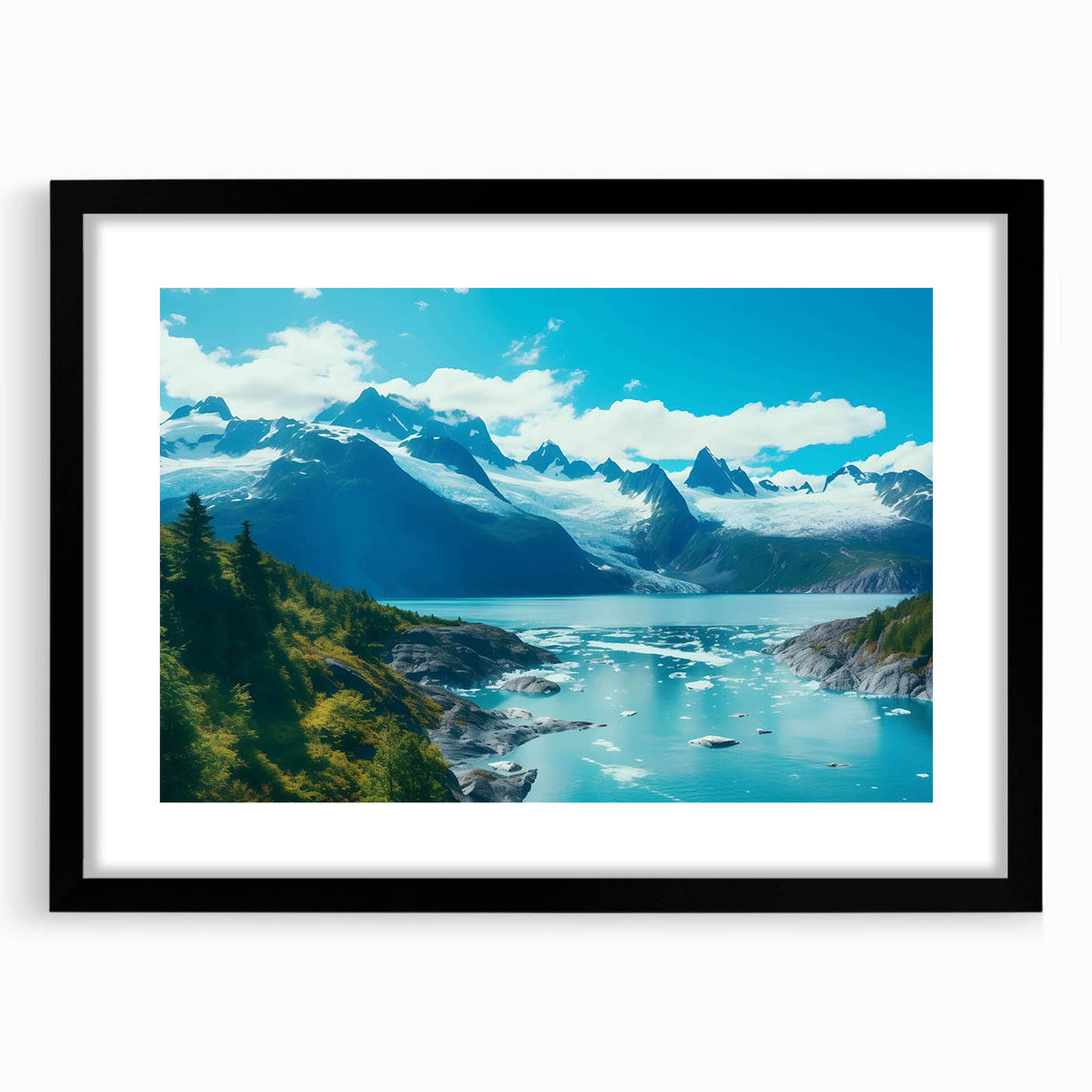 Framed black wall art showcasing a stunning glacier landscape design with a mat, perfect for modern home decor and adding a touch of nature to interiors.