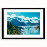 Framed black wall art showcasing a stunning glacier landscape design with a mat, perfect for modern home decor and adding a touch of nature to interiors.