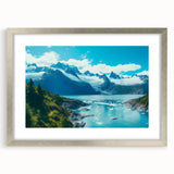 Framed landscape wall art showcasing a stunning glacier design, featuring a silver frame and mat, perfect for modern decor and nature lovers.