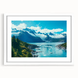Framed wall art featuring a stunning glacier landscape design in a white mat, showcasing vibrant blues and whites for a serene home decor accent. Perfect for modern interiors.