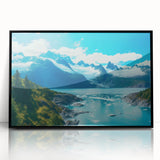 Framed wall art featuring a striking glacier landscape design, with a sleek black frame and acrylic front, perfect for modern home décor.