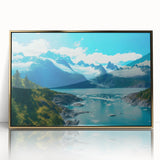Framed acrylic wall art showcasing a stunning glacier landscape design, highlighted with gold accents, ideal for modern home decor, emphasizing nature's beauty.