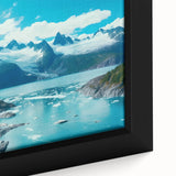 Close-up of a framed canvas print showcasing a stunning glacier landscape design, featuring vibrant blues and whites, perfect for contemporary home decor. Ideal for nature lovers seeking unique wall art.