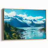Framed canvas wall art showcasing a serene glacier landscape design with gold accents, perfect for modern home decor. The side view highlights its elegant framing.