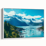 Framed canvas wall art featuring a serene glacier landscape design, showcasing cool blue and white tones with a modern side view presentation, perfect for home decor.
