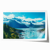 Vibrant glacier landscape wall art print showcasing icy blues and whites, rolled and ready for framing, perfect for modern home decor enthusiasts.