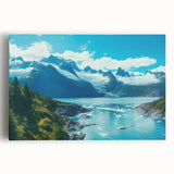 Stretched canvas wall art showcasing a vibrant glacier landscape design, featuring vivid blues and whites, perfect for home decor and nature enthusiasts.