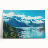 Stretched canvas showcasing a serene glacier landscape wall art design, featuring shades of blue and white, ideal for modern home decor or office settings.