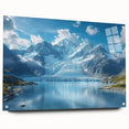 Acrylic glass wall art depicting a stunning glacier landscape in vibrant blues and whites, mounted with pins for a modern display. Ideal for nature enthusiasts.