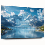 Acrylic glass wall art collection showcasing a stunning glacier landscape design, viewed from the side without pins, featuring vibrant colors and a modern aesthetic. Ideal for enhancing contemporary home decor.