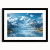 Framed wall art featuring a stunning landscape design of a glacier, showcasing vibrant blue tones and intricate details, perfect for modern home décor.