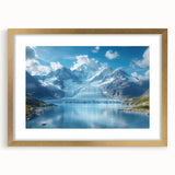 Framed wall art collection featuring a stunning glacier landscape design with a gold mat, showcasing cool blue and white tones for a serene aesthetic. Ideal for modern decor.