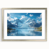 Framed landscape wall art featuring a serene glacier design, with a silver mat and sleek frame, perfect for enhancing modern home decor.