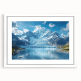 Framed landscape wall art featuring a serene glacier scene, with a white mat and sleek frame, designed to enhance modern home decor aesthetics.