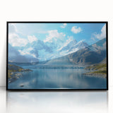 Framed wall art showcasing a stunning glacier landscape design in vibrant blues and whites, featuring a sleek black frame, perfect for modern home decor.