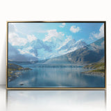 Framed acrylic wall art showcasing a stunning glacier landscape design with gold accents, ideal for modern home decor. Perfect for adding a touch of nature-inspired elegance to any room.