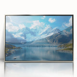 Framed wall art featuring a stunning glacier landscape design in silver acrylic, showcasing vibrant blues and whites, ideal for modern home decor.