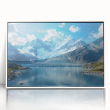 Framed acrylic wall art featuring a stunning landscape design of a glacier, presented in a sleek white frame, ideal for modern home decor.