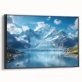 Framed canvas wall art showcasing a stunning glacier landscape design, featuring vibrant blues and whites, presented in a sleek black frame, ideal for modern decor.