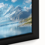 Close-up of a framed canvas wall art piece showcasing a stunning glacier landscape design, featuring icy blue tones and intricate textural details, perfect for modern home decor.