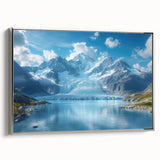 Framed canvas wall art showcasing a stunning glacier landscape design with silver accents, enhancing modern decor in any setting, ideal for nature lovers.