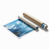Glacier landscape wall art print showcasing vibrant blues and whites, rolled and ready for framing, emphasizing natural beauty and serene atmosphere. Perfect for home decor enthusiasts.