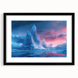 Framed landscape wall art featuring a stunning glacier design, presented in a sleek black frame with a mat, ideal for modern home decor and interior styling.