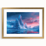 Framed wall art featuring a stunning glacier landscape design with a gold mat, perfect for home decoration or office inspiration, showcasing vibrant blues and whites.