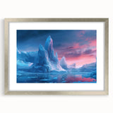 Framed silver wall art featuring a stunning glacier landscape design, complete with a mat for an elegant presentation, ideal for enhancing modern home decor.