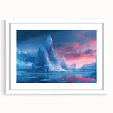 Framed wall art featuring a stunning glacier landscape design, displayed with a white mat, perfect for modern home decor. Ideal for nature lovers and art enthusiasts.