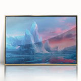 Framed acrylic wall art showcasing a stunning landscape design of a glacier in vibrant blues and whites, accented with a sleek gold frame, ideal for modern home decor.