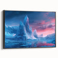 Framed canvas wall art featuring a breathtaking glacier landscape design, showcasing vibrant blues and whites, with a sleek black frame enhancing its modern aesthetic. Perfect for adding a touch of nature-inspired elegance to home decor.