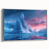 Framed canvas wall art featuring a serene glacier landscape design, showcasing cool blue and silver tones. Perfect for adding a tranquil touch to modern interiors.