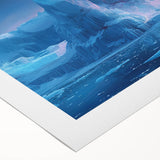 Rolled canvas artwork showcasing a stunning glacier landscape design, featuring vibrant blues and icy whites, perfect for modern home decor.