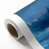 Rolled canvas showcasing a stunning glacier landscape design, featuring vibrant blues and whites, perfect for home decor. Packaged securely in a cardboard tube for protection during shipping.