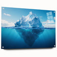 Side view of a contemporary acrylic wall art piece showcasing a stunning glacier landscape design, mounted with pins for secure display, perfect for modern home decor. The artwork features vibrant blues and whites depicting icy formations, ideal for nature enthusiasts.