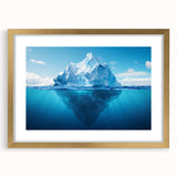 Framed wall art featuring a stunning glacier landscape design, accented with a gold frame and mat, ideal for enhancing modern home decor.