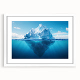 Framed wall art featuring a stunning glacier landscape design, showcasing cool blue tones and intricate details, set in a white mat for a modern aesthetic.