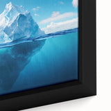 Framed canvas art close-up showcasing a stunning glacier landscape design, featuring vibrant blues and whites, perfect for home decor and nature-themed interiors.